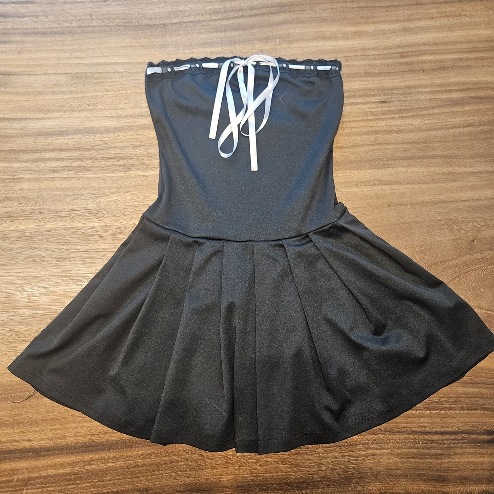 Black Strapless Dress with White Ribbon